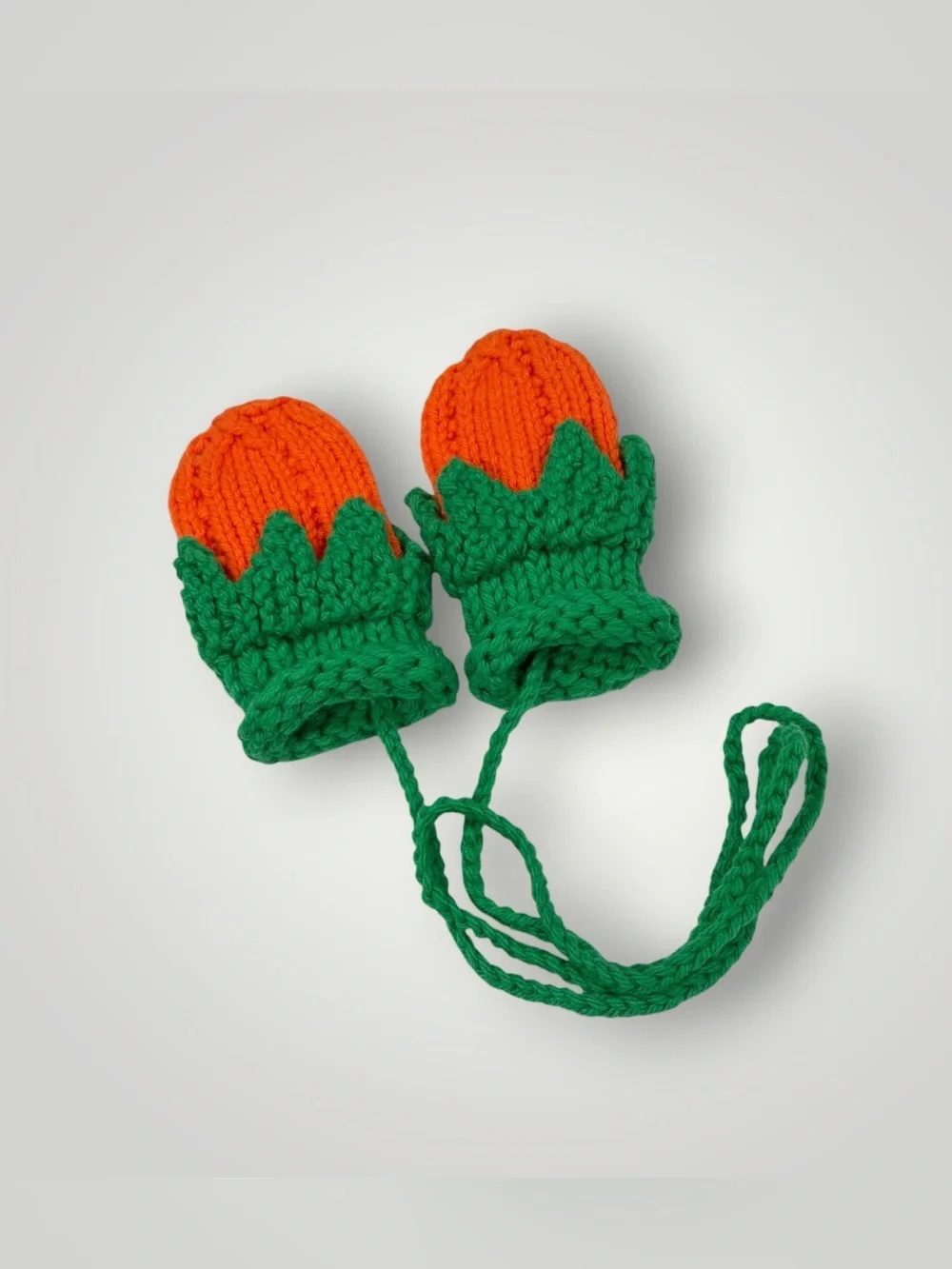 Hand-Knit Orange & Green Kids Mittens with Attached String 0-12 Months